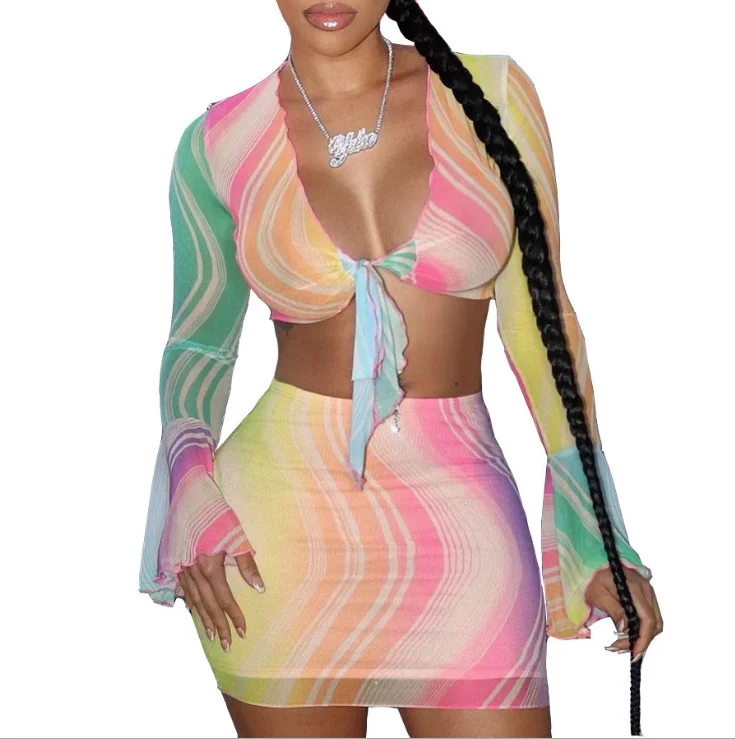 

Spring 2021 Printed Mesh Long Sleeve Two Piece Skirt Matching Sets Sexy Birthday 2 Piece Outfit for Women Party Club Dress, 3 colors