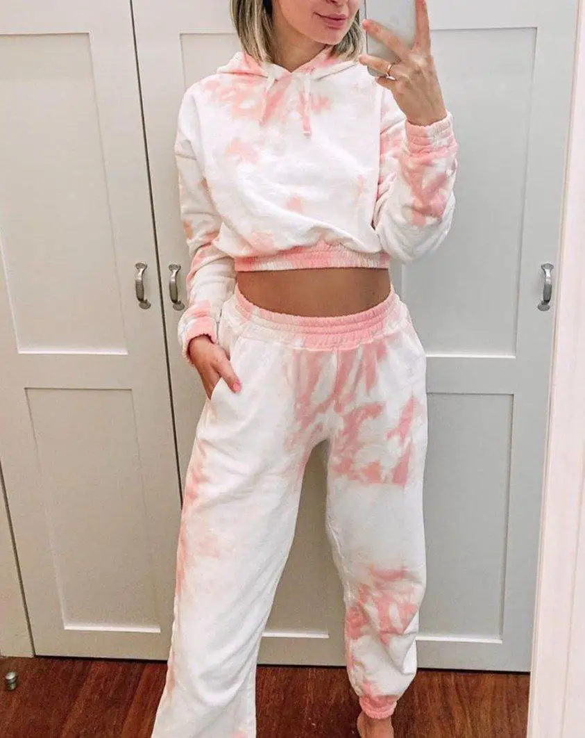 

2021 Spring Women Sweatsuit Casual Crop Top Jogger Sets 2 Piece Set Tie Dye Outfit Sweater Tracksuit Sets For Women, Pink