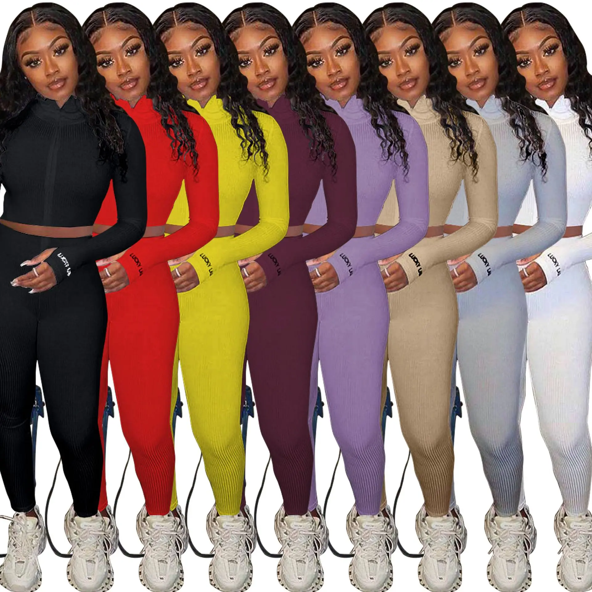 

New arrivals O4838 Pants And Crop Top Fashion Long Sleeve Two Piece Pants Set