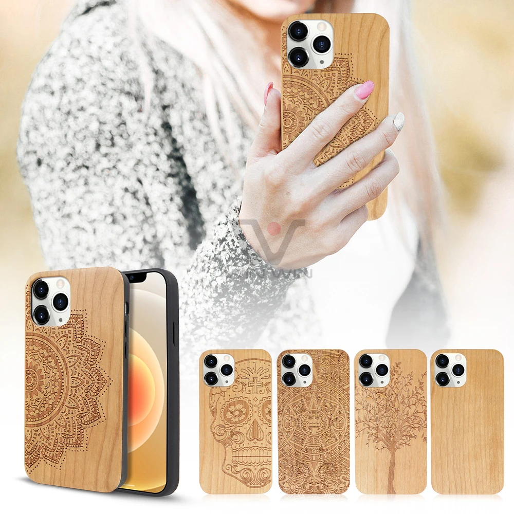 

New Model Fast Shipping Wood Phone Cases For iPhone 13 Solid Wood TPU Carving Mobile Cover