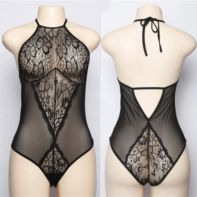 

W359 Lace Bodysuit Mature Transparent Embroidered Suspender Underwear Mesh Perspective Black Sexy Lingerie For Women