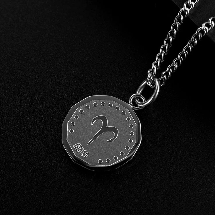 

Newest 12 Horoscope Coin Pendant Necklace Stainless steel Zodiac Sign Aries Leo round pendant Necklace for men with long chain, Silver