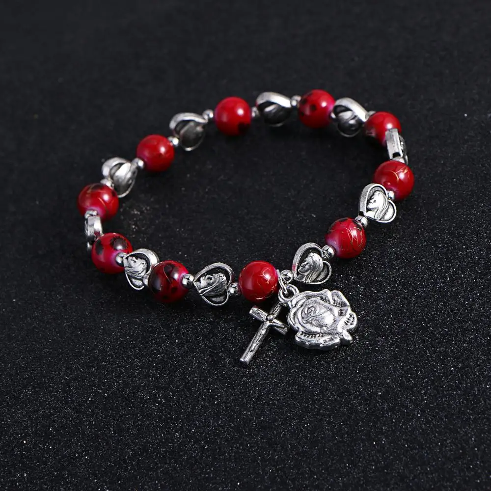 

Komi Christian Handmade Rosary Bracelet St Mary Red Stone Beaded Rose Cross Classic Adjustable Bracelets Jewelry Gift R-082