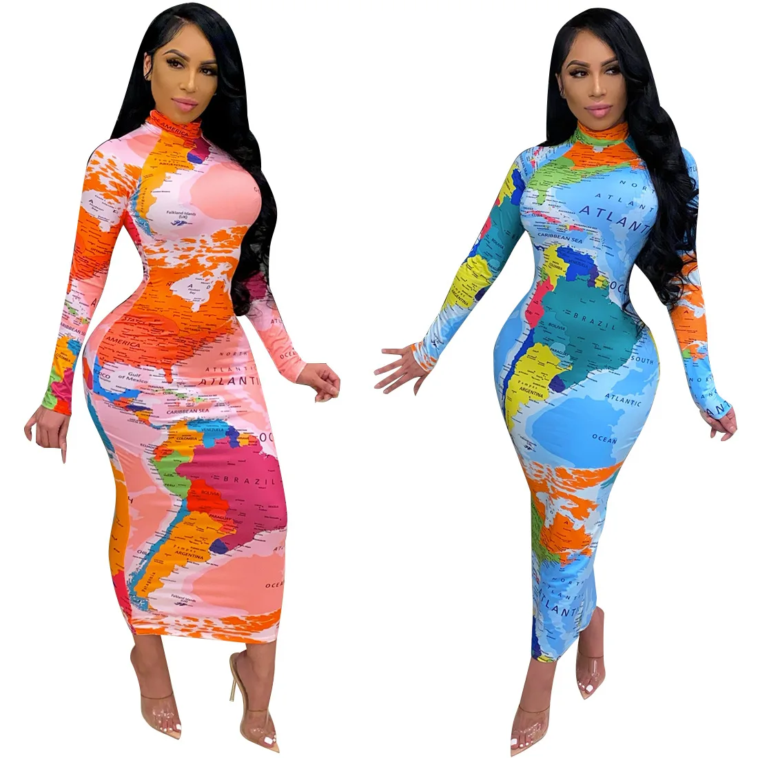 

Newest Design earth Print jumper long sleeve bodycon dress maxi dresses women long sustainable casual dresses, As picture or customized make
