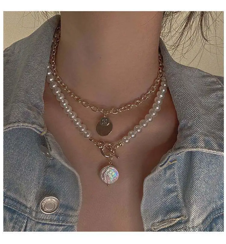 

Elegant INS Baroque Pearl Pendant Necklace Gold Coin Link Chain Choker Necklace Women Jewelry