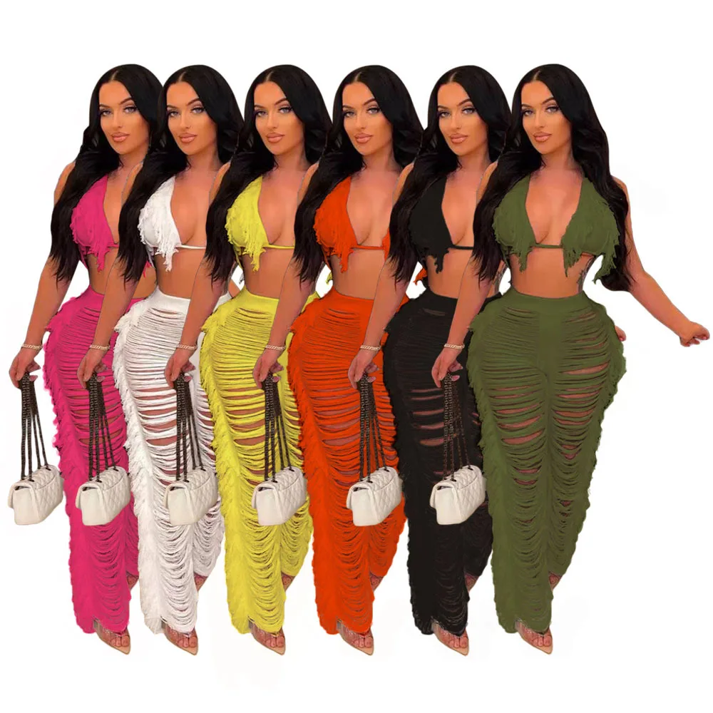 

2022 New solid bikini fringe knit beach pants women 2 piece women set, Picture shows