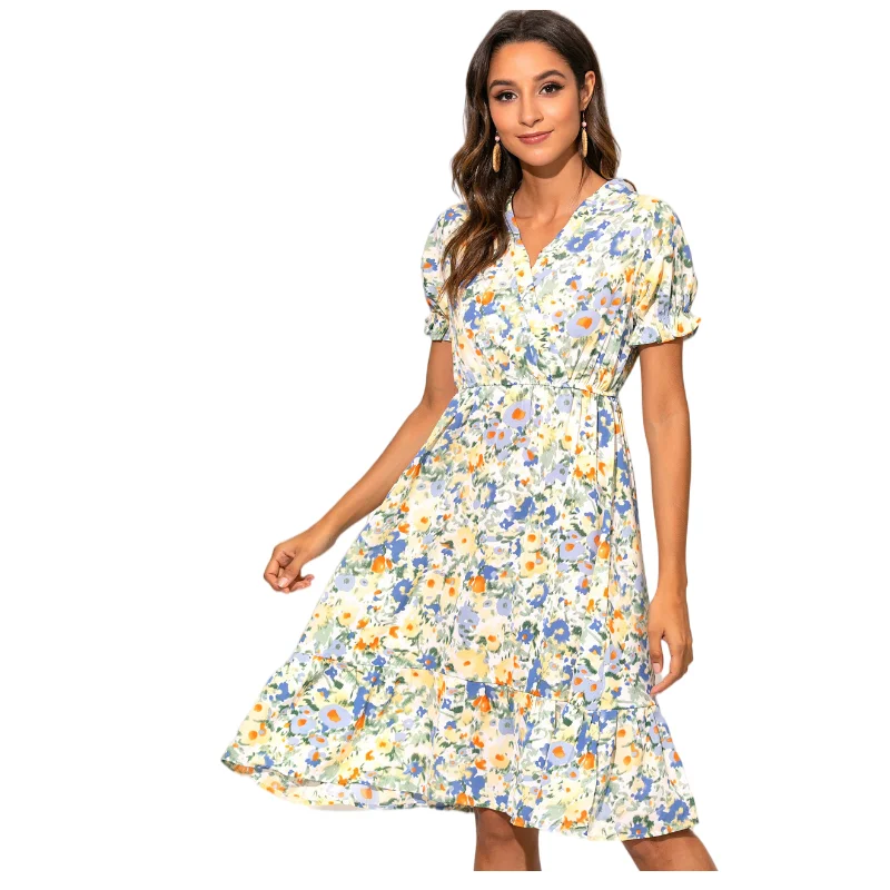 

2021 summer new short-sleeved V-neck chiffon dress elastic waist slim waist dress