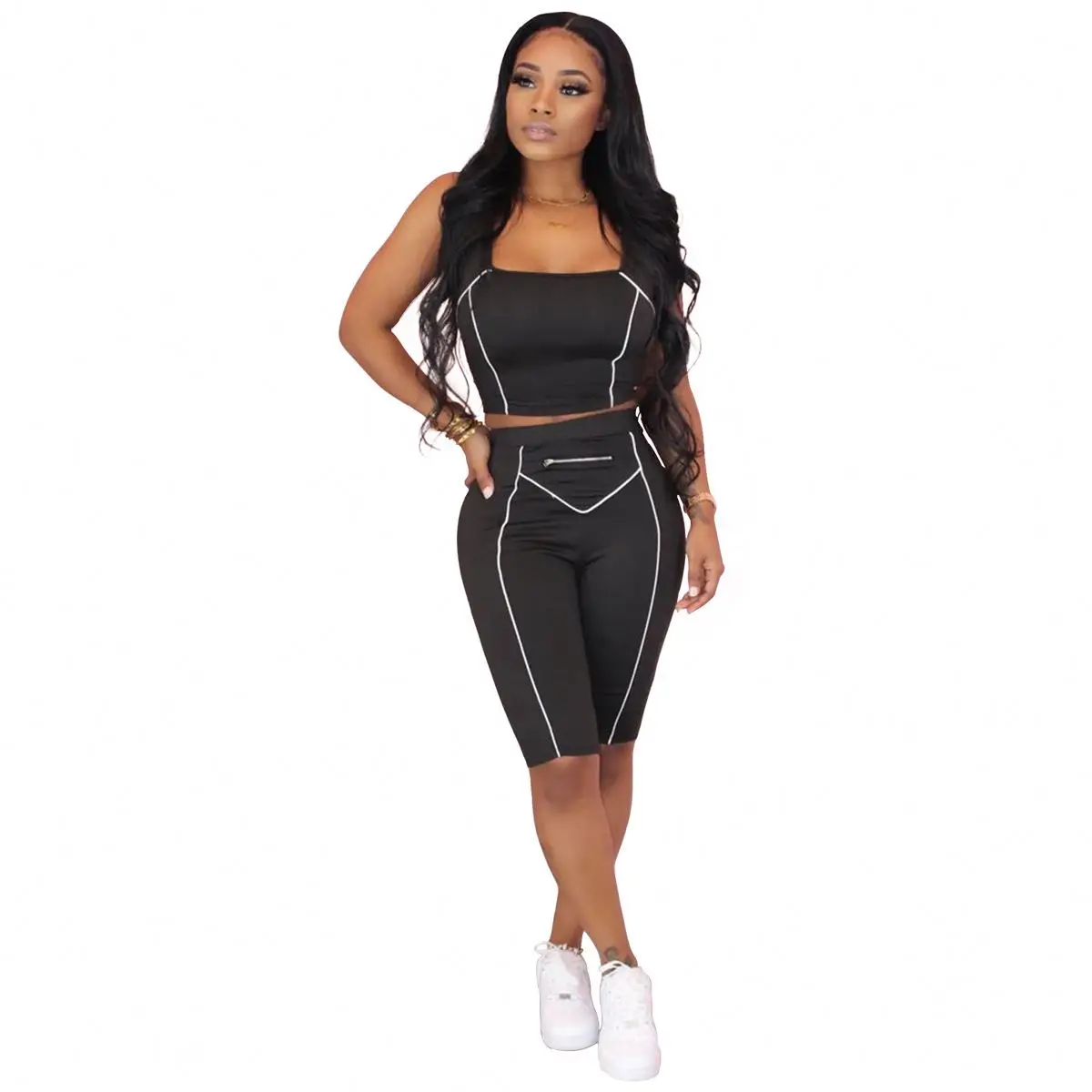 

Summer 2 Piece Set Women Sports Suit Crop Top Biker Shorts Pants Tight Tracksuit