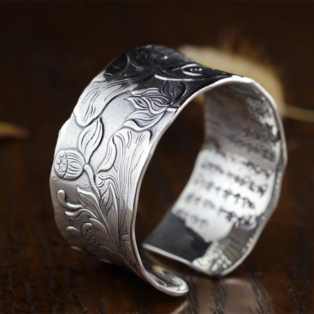 

New Arrival Cuff Bangles for Women Lotus Carved Ethnic Open Bangle 925 Sterling Silver Heart Sutra Buddhism Jewelry Gifts Bijoux