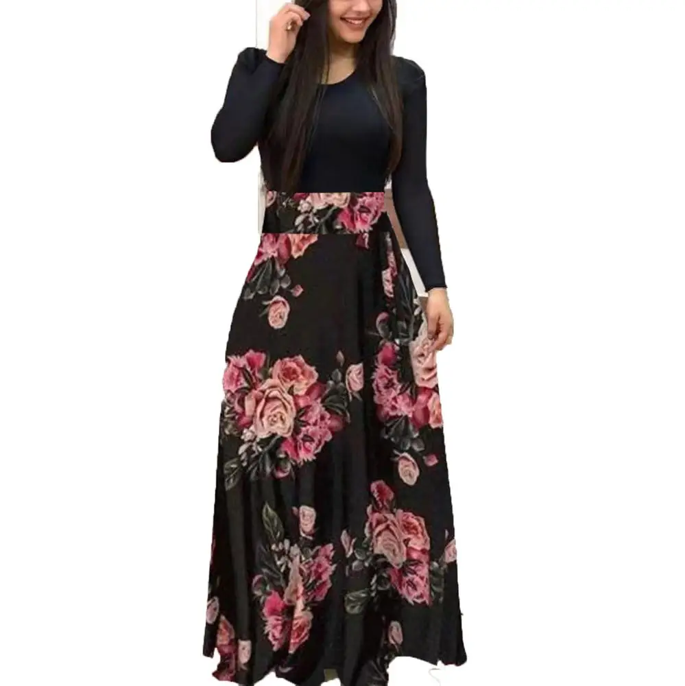 

200121-SW3 long sleeve floral printed plus size maxi woman lady dress, 6 colors