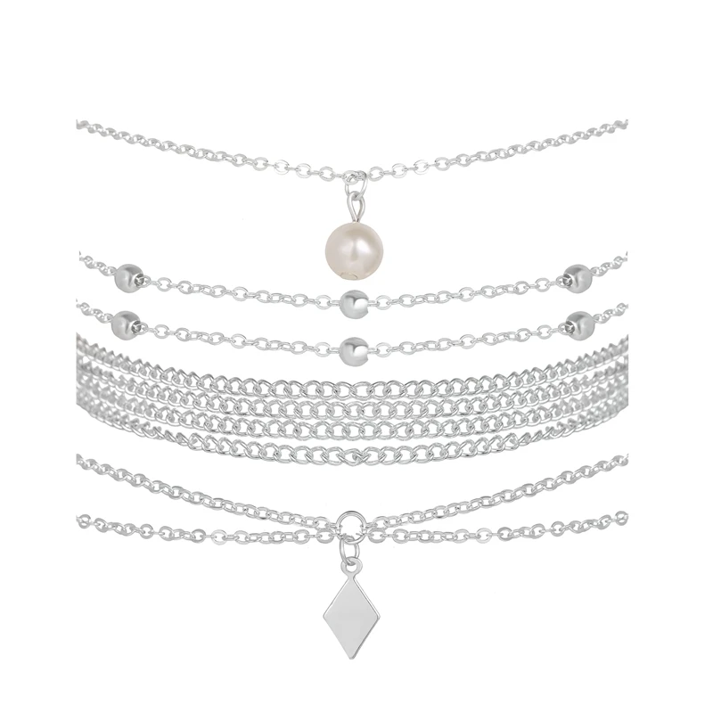 

Fast Ship Silver Plating Multiple Layers Pearl and Geometric Charms Foot Jewelry Anklets for Women, Silver plated