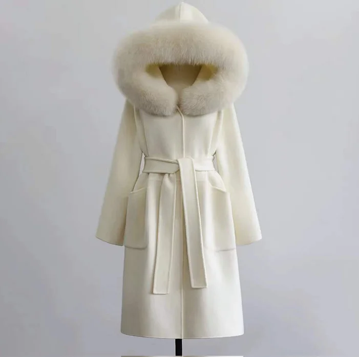 

QIUCHEN- QC19055 hot-selling women warm trench jacket cashmere belt long plus size fox fur collar wool coat, Gray,black,beige,taupe,cream