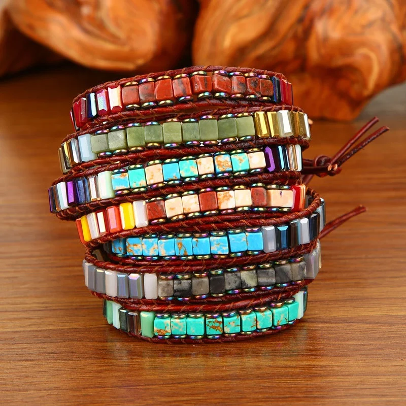 

Fashion Chakra Imperial Jasper Boho Bohemian Yoga Leather Weave Handmade Wrap Adjustable Natural stone bead bracelet