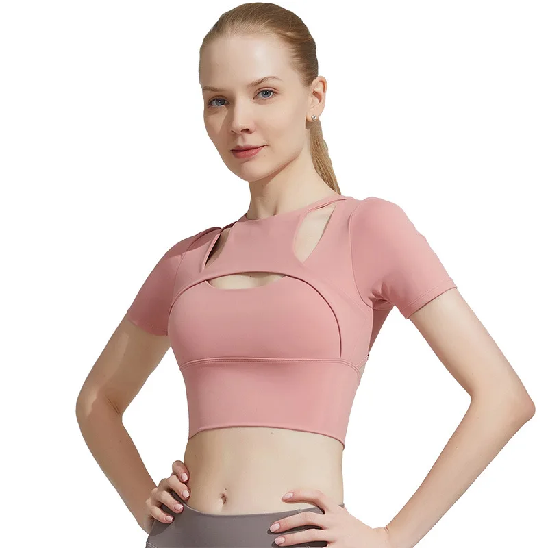 

Yoga wear spring and summer new women's short sleeve T shirt with chest pad