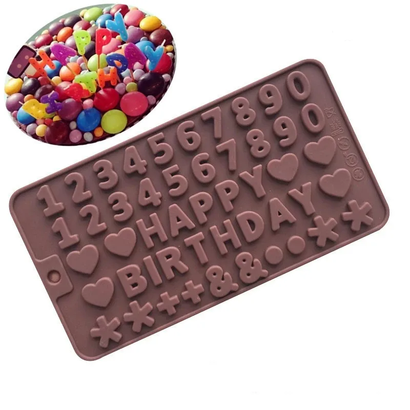 

1289 Non-stick English Letter Happy Birthday Number Symbol Chocolate Mold Silicone Candy Mold, Picture colors