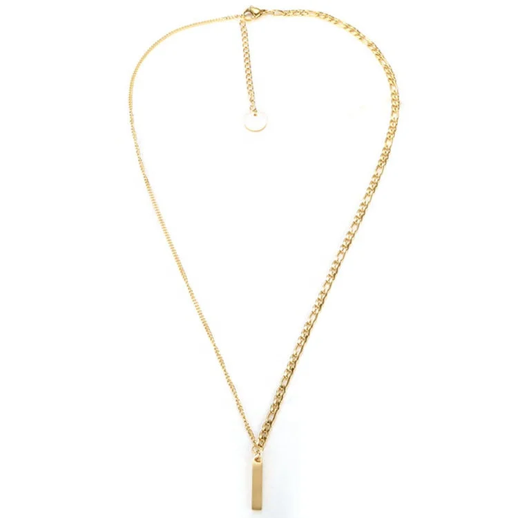 

Trendy Half Curb Chain Half Figaro Chain 18K Real Gold Plated Engravable Vertical Bar Necklace Chain Necklace for Women, Gold color