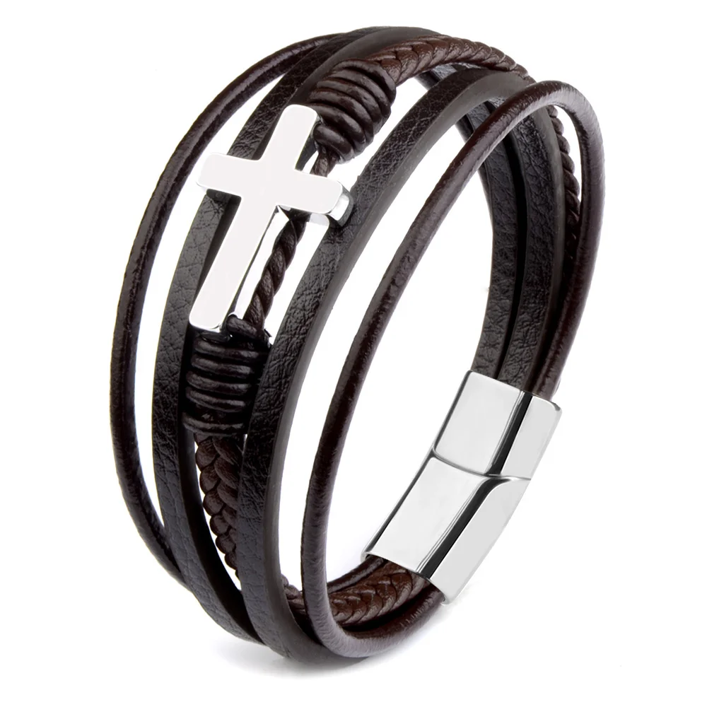 

Hot Sale 5 Layer Genuine Leather Stainless Steel Cross Charm Men Bracelet