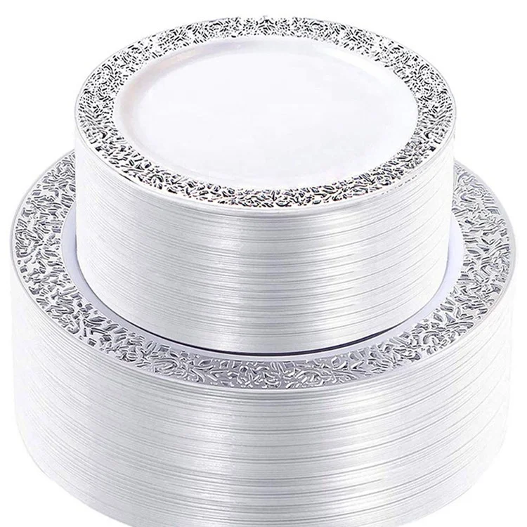 

175 pcs Cheap bulk silver rim plastic disposable plates for party, Clear or color coating