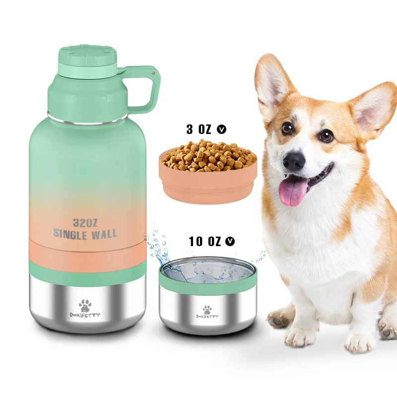 

2023 Hot sale Dog Travel Water Bottle 3 in1 pets Stainless Steel 32oz dog with two food containers feeder bowl