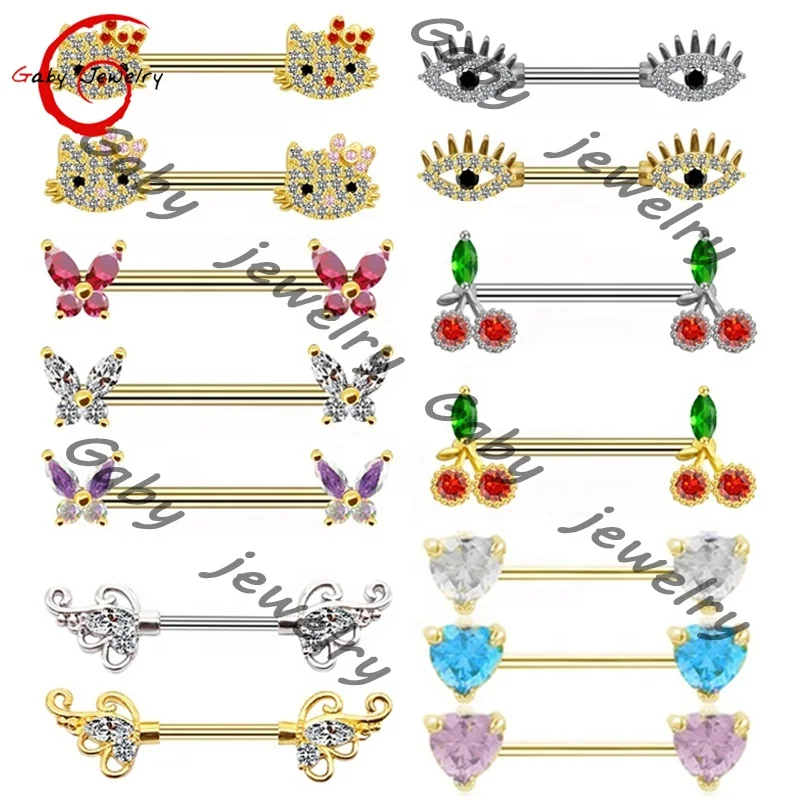 

Gaby hot sale nipple rings gold plated cat bunny butterfly nipple piercing stainless steel piercing wholesale body jewelry, Gold, silver