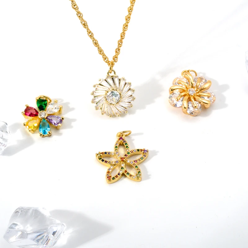 

Zeadear jewelry Custom Colorful Zircon Pendant Gold Plated Flower Charms For Jewelry Making