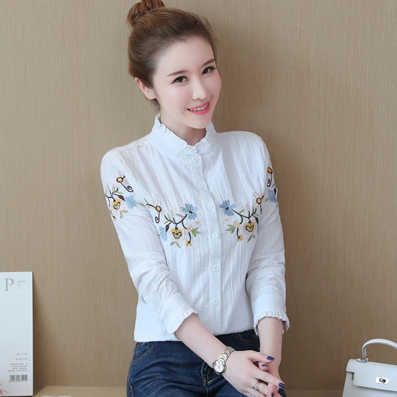 

New Arrival Women Autumn Designs Shirt Embroider Floral 100% Cotton Shirt, Light blue, dark blue, white