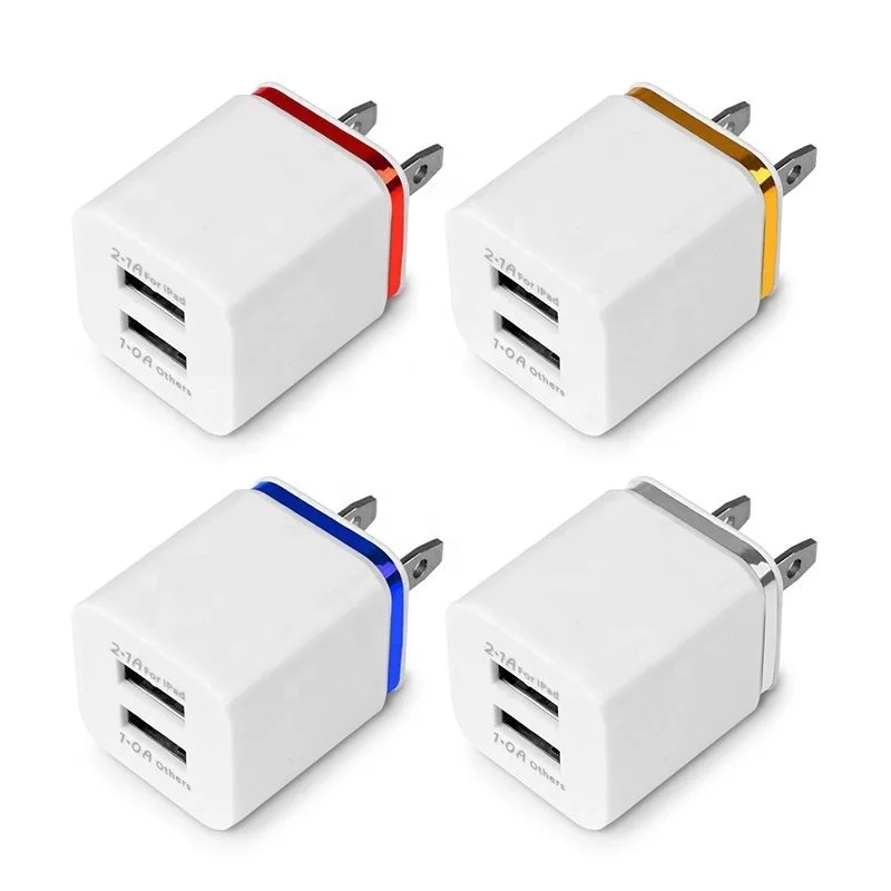 

Amazon Hot Sale 2.1A Dual USB Charger EU / US Travel Plug Adapter Portable Wall Mobile Phone Charger for iPhone and Android, Sliver/ gold /blue /orange/purple