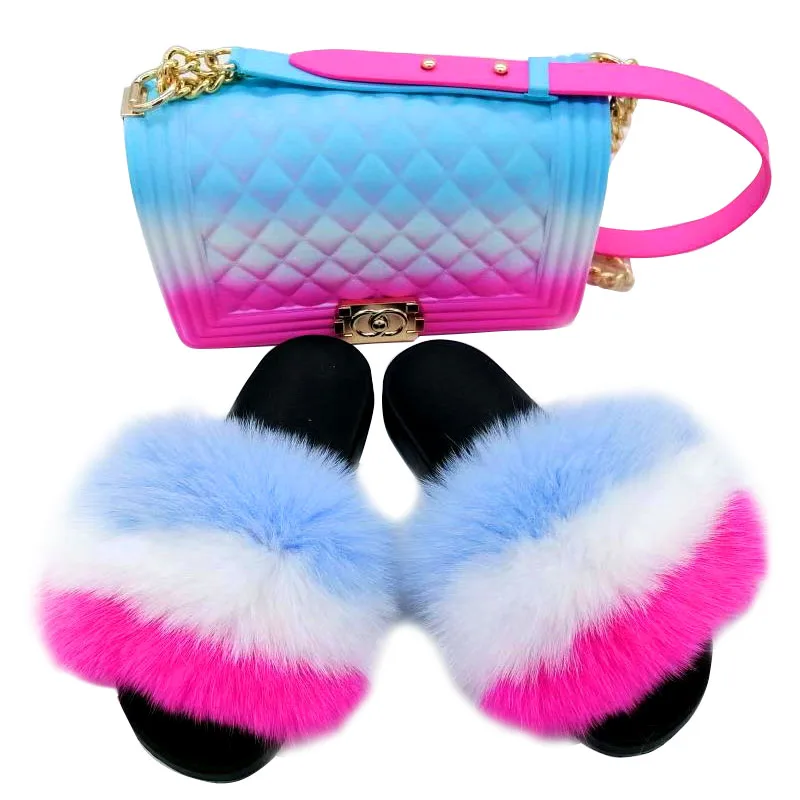 

2020 New design natural brown furry fluffy soft big fox raccoon fur slides slippers matching jelly purse for women ladies, Natural brown,white,rainbow,neon,black,red,hot pink,baby pink,etc