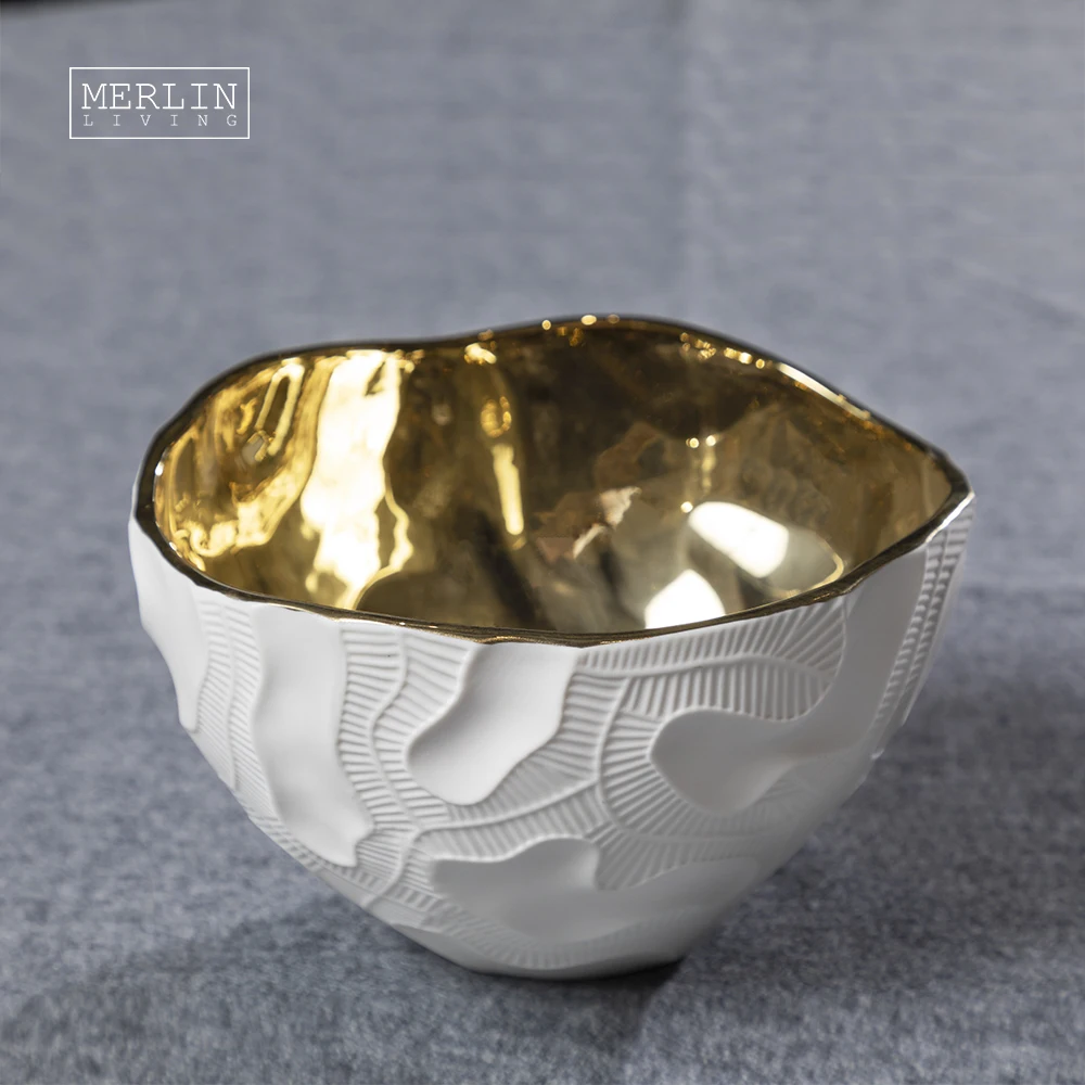

White Gold silver ceramic fruit bowl plate with leaf pattern nordic Tableware luxury modern table other home decor accessories, Gold / silver + white