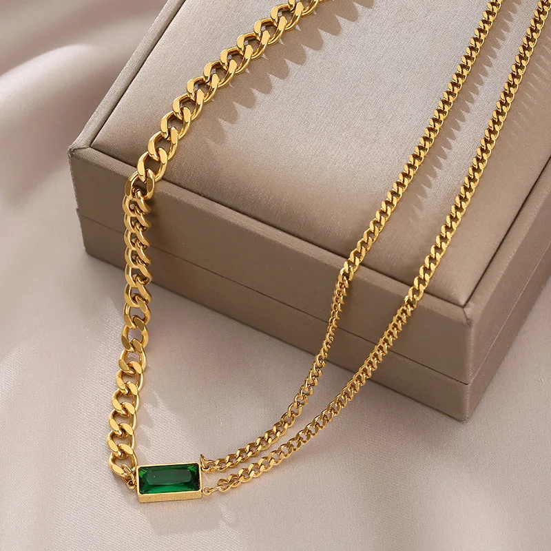 Fashion Cuban Chain Jewelry Set Suds Necklace Bracelet Gemstones 18k Gold Plated Stainless Steel Jewelry Emerald Necklace