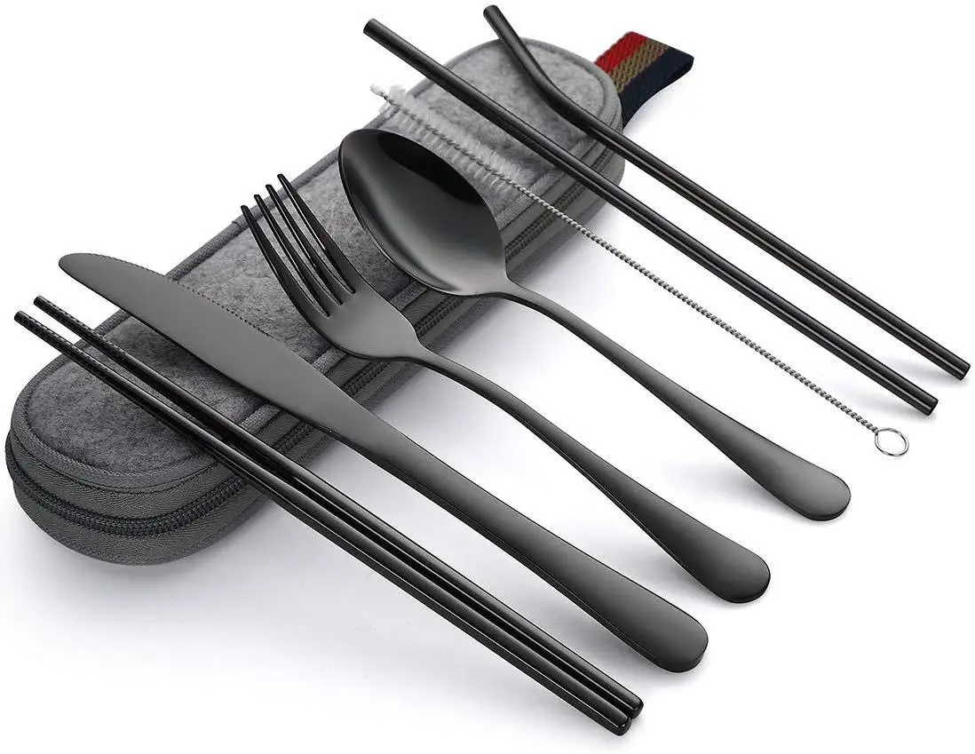 

Dinnerware Set Travel Camping Cutlery Set Reusable Silverware with Metal Straw Spoon Fork Chopsticks and Portable Case, As photo