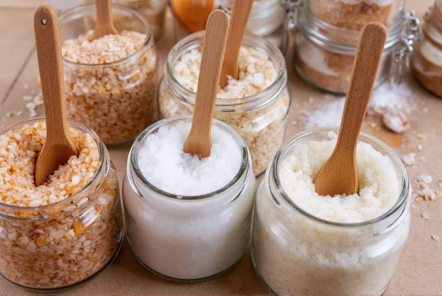 Close-up photography of various artisanal salt varieties in glass jars with wooden spoons