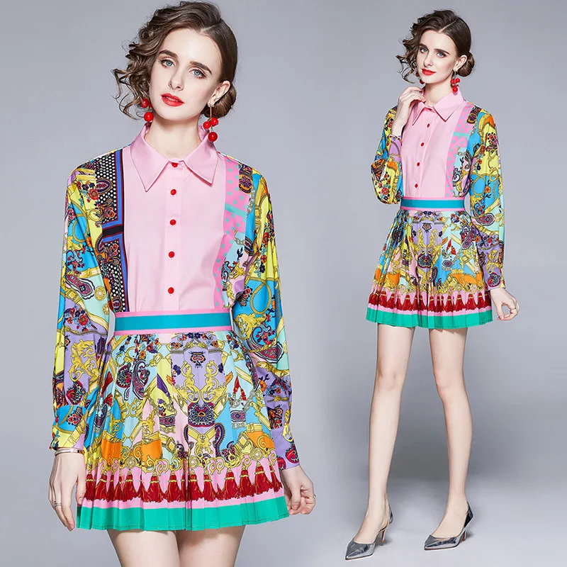 

DUODUOCOLOR Fashion two-piece new suit printing lapel long sleeve shirt tall waist pleated skirt 2021clothing D98207