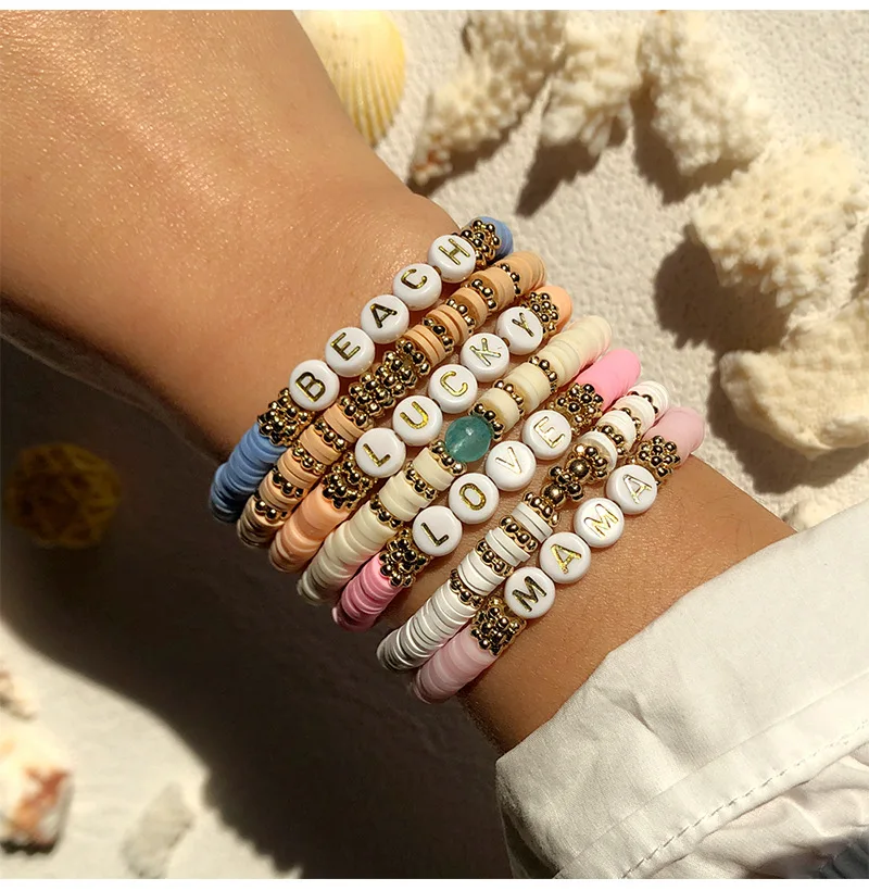 

Bohemia Soft Pottery Beads Bracelet Multi Color Polymer Clay LUCKY LOVE Letter Bracelet for Women Summer Beach Jewelry