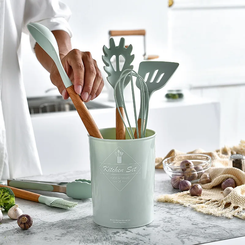 
11pcs Heat Resistant Wooden Non-Stick Cooking Kitchen Gadgets Tools Silicone Utensils Set With Storage Bucket 