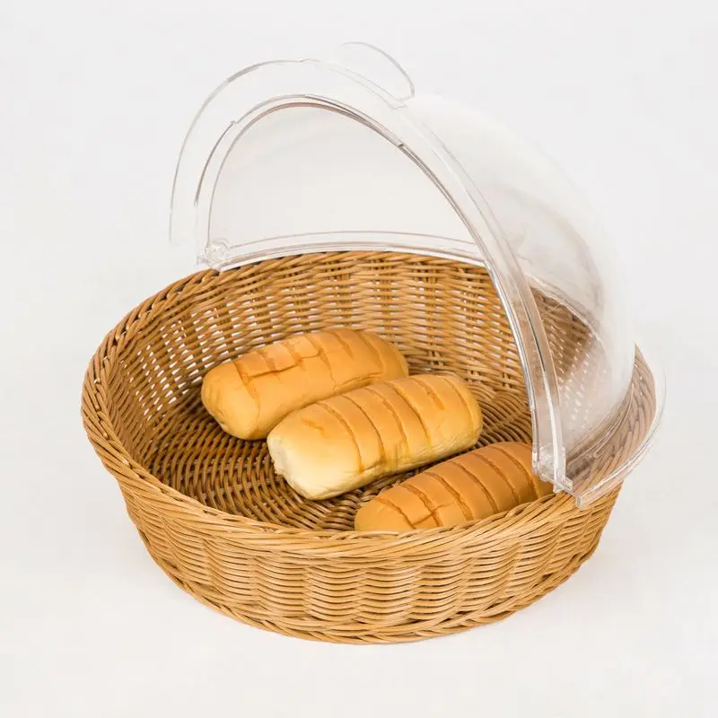 

Food grade poly rattan plastic bread basket with cover, Coffee and beige