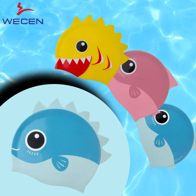 

Cartoon Fish Kids Swimming Caps silicone For Age 3-13 Children Shark Swim cap 100% Silicone Leak Proof Custom Logo