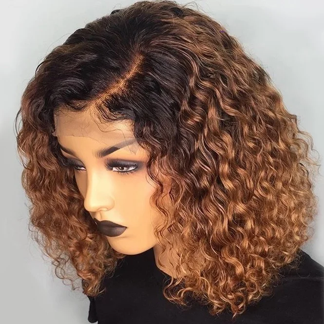 

OMG Short Curly Ombre Colored 13x4 Lace Front Water Wave Human Hair Bob Wigs With Baby Hair For Black Women, As our picture