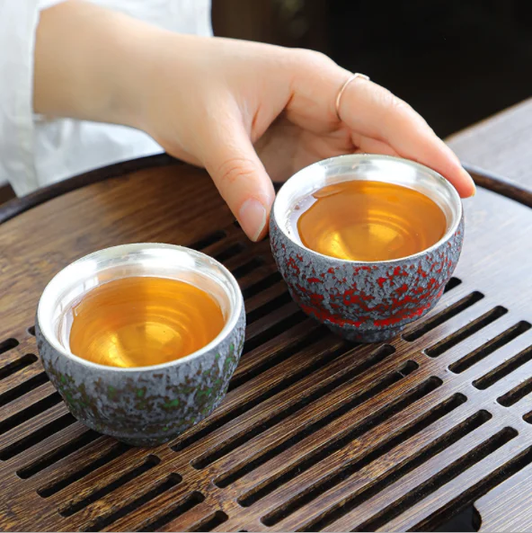 

2021 New arrival ecoarse pottery laid-silver tea cup ceramic Kung Fu tea cup gift custom, Red,green