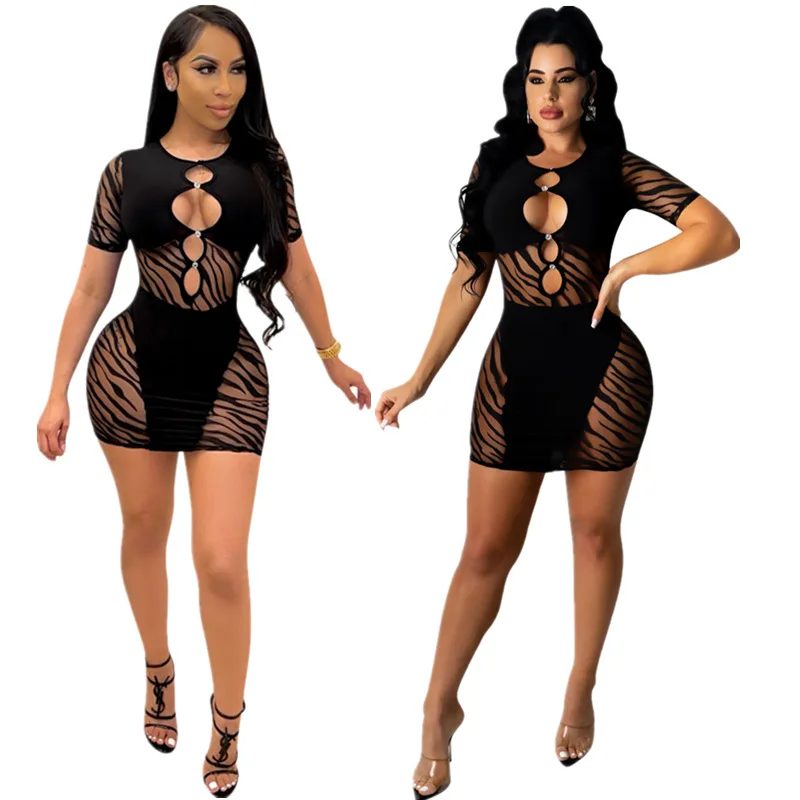 

matching Zebra pattern short sleeve see through sexy bodycon dress casual summer casual dress mesh casual dresses