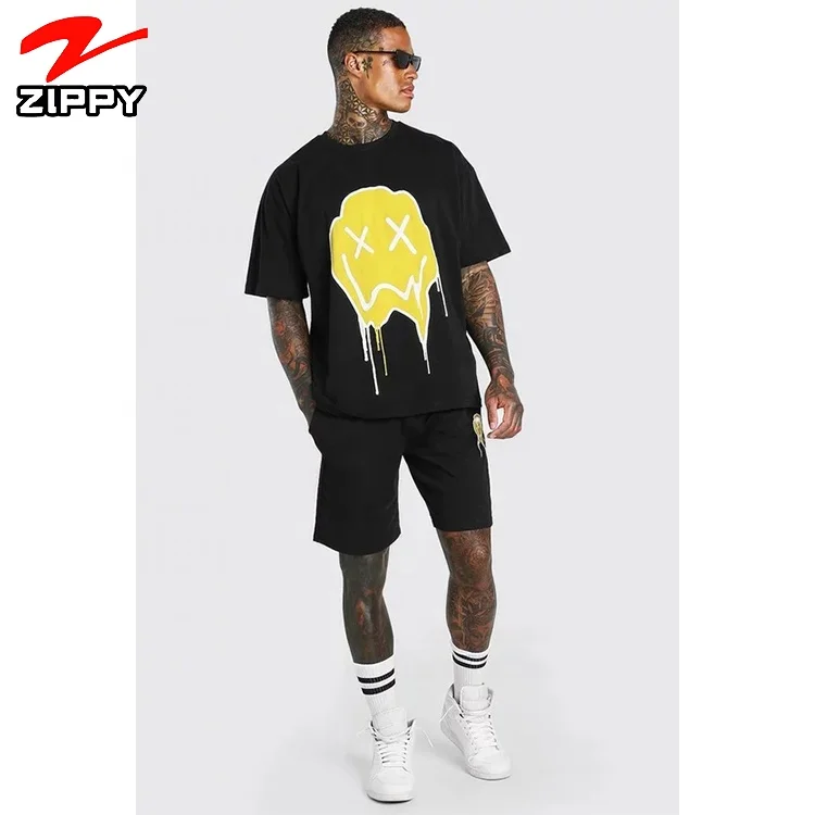 

New Design Cotton Loose Fit Little printing drip face tee airtex shorts set plain t-shirts Oversized T Shirt Men, Customized color
