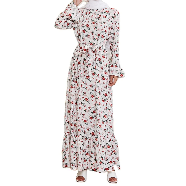 

New terylene Dubai middle east dress printed flower woman mulism clothing African paryer outfit abaya