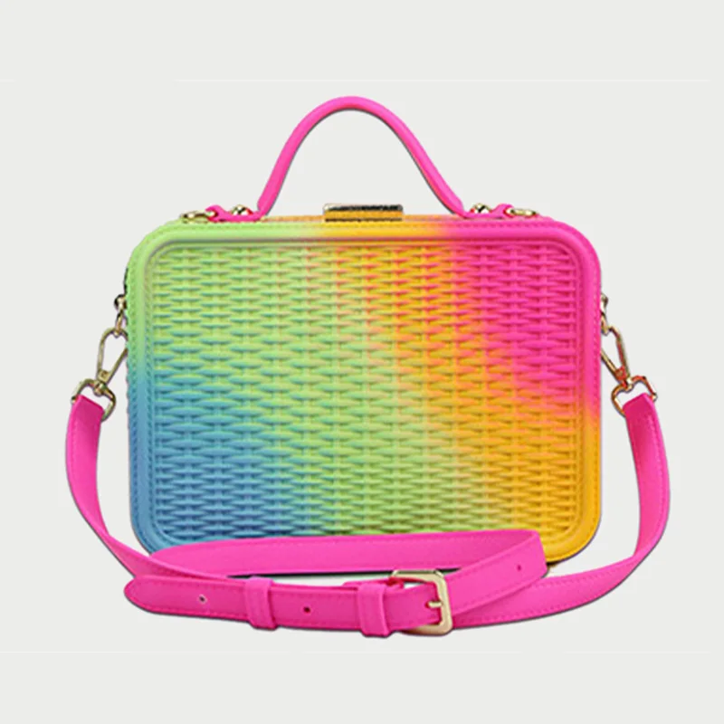 

Fashion cross bags women crossbody jelly weave pvc leather rainbow handbag painted weave storage bags