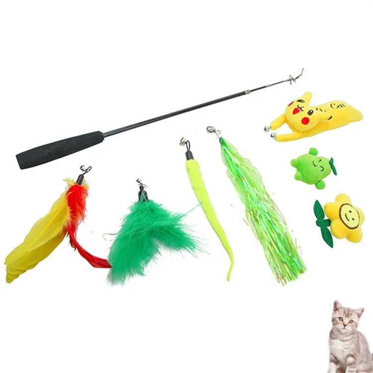 

3 section retractable 8 pieces pet cat toy gift set cat stick teaser set