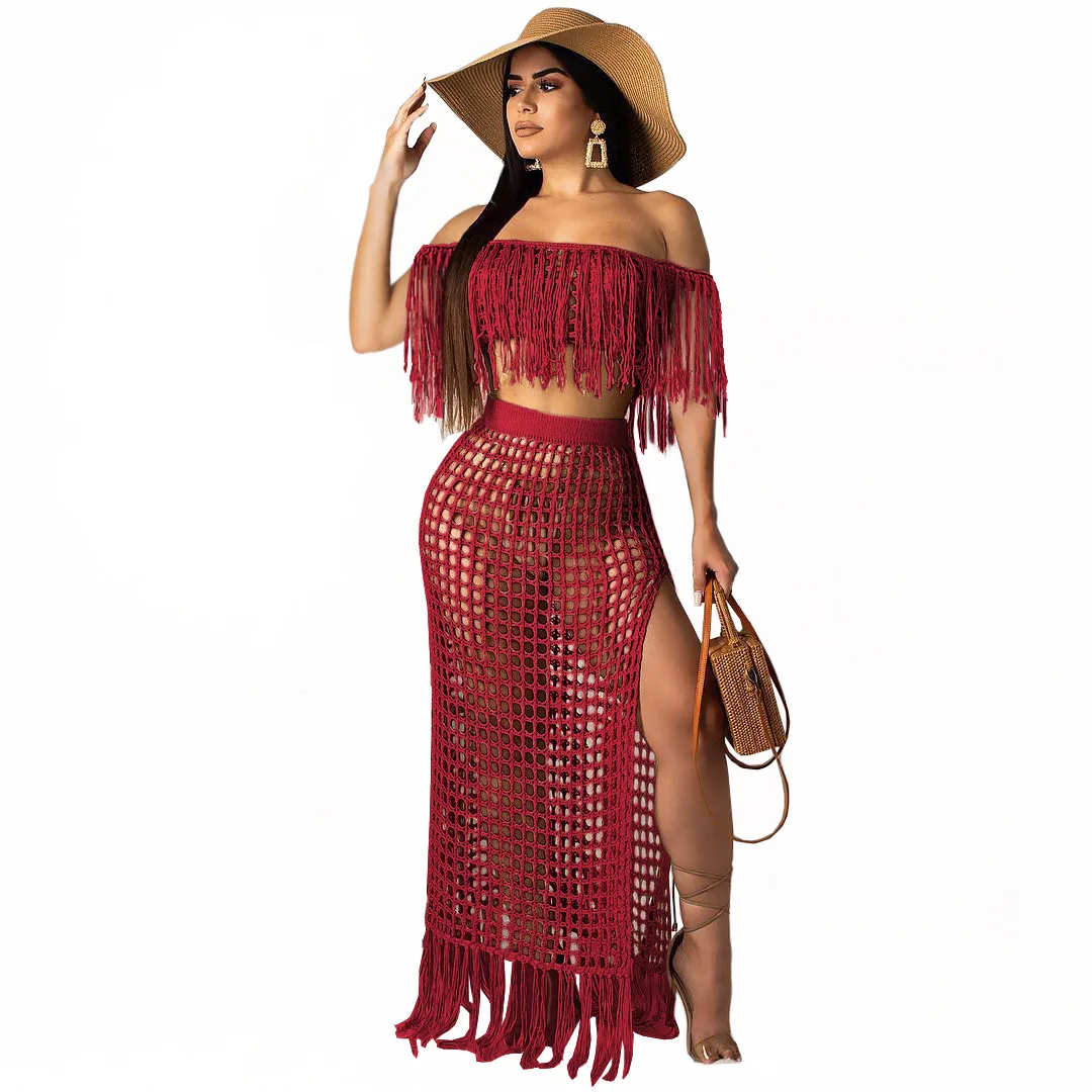 

women's two piece clothing set solid color hollow out tassels sleeveless casual beach dress women dress set two-piece, Black/red/white/rose red/light tan