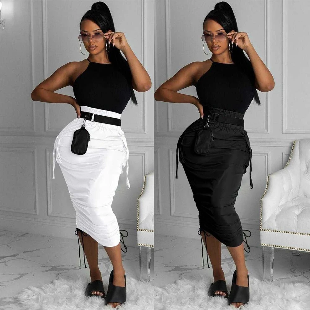 

Custom New 2022 Women High Waist Pocket Side String Draped Midi Skirts for Streetwear Black White Skirt