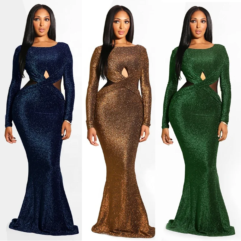 

Luxury Sexy Women's Long Sleeve Round Neck Sides Mesh Backless Evening Dress Women Maxi Elegant Party Ankle-length Sequin Dress