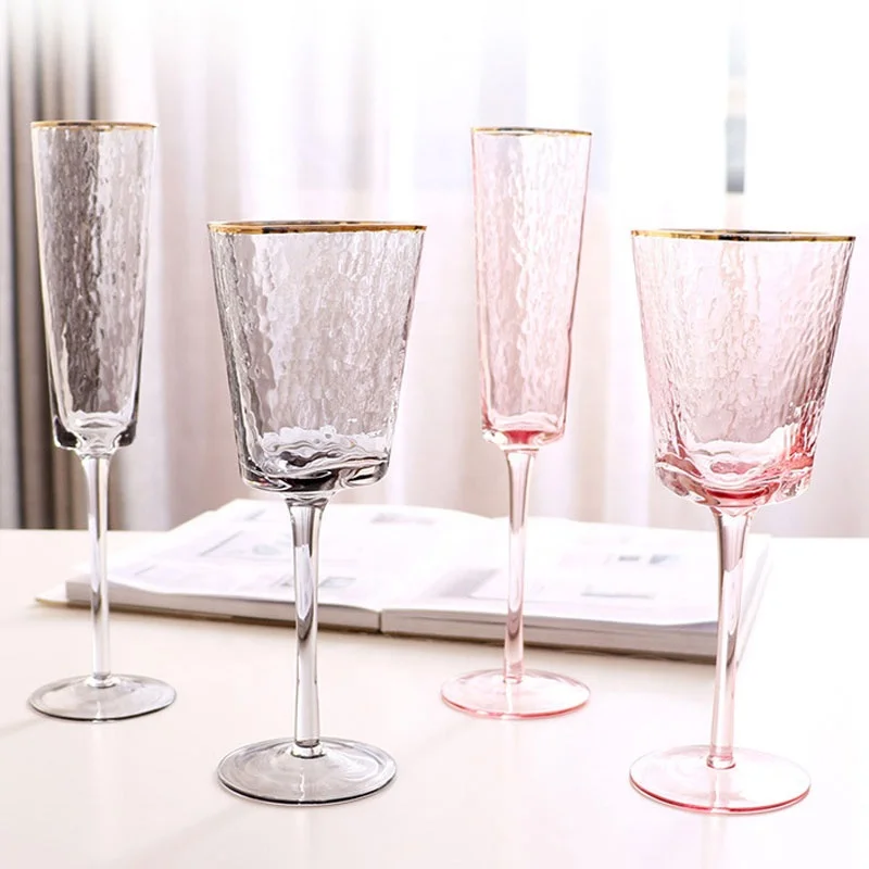

Fancy Electroplated Grey Glassware Champagne Flutes Set for Wedding Event Hire Gold Rim Triangle Hammered Wine Glass Water Cup, Transparent,pink,grey,rainbow