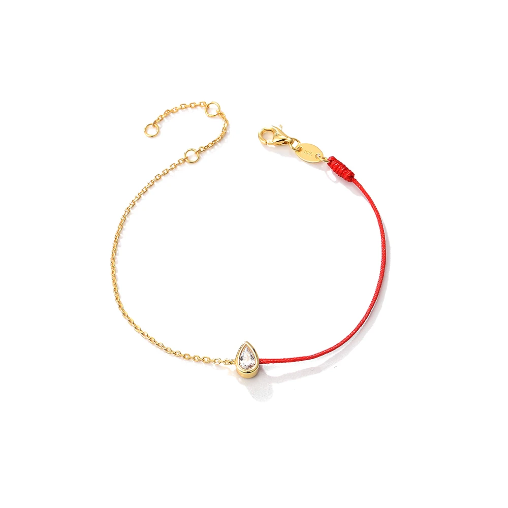 

Chinese Retro 925 Sterling Silver Female Adjustable Chain 14k Gold Plated Transfer Belt pear Zircon Stitching red Rope Bracelet