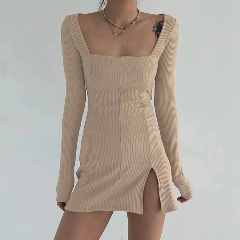 

2020 Ins hot spqure collar cheap long sleeve party dress women dress casual winter